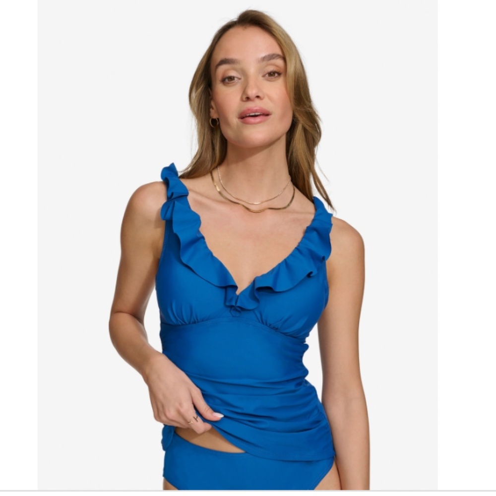 NWT Dkny Women's Ruffled Tummy-Control Tankini Top - Pacific Blue, NWT